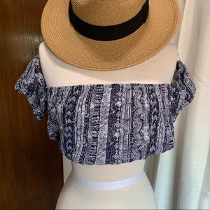 Blue/white crop top. Arm sleeves. Never been worn